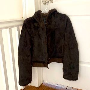 Brown Rabbit Fur Hooded Bomber Jacket